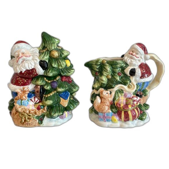 Adorable Vintage Santa Claus Ceramic Lidded Sugar Bowl and Creamer Set 2 pc Set - Picture 1 of 16